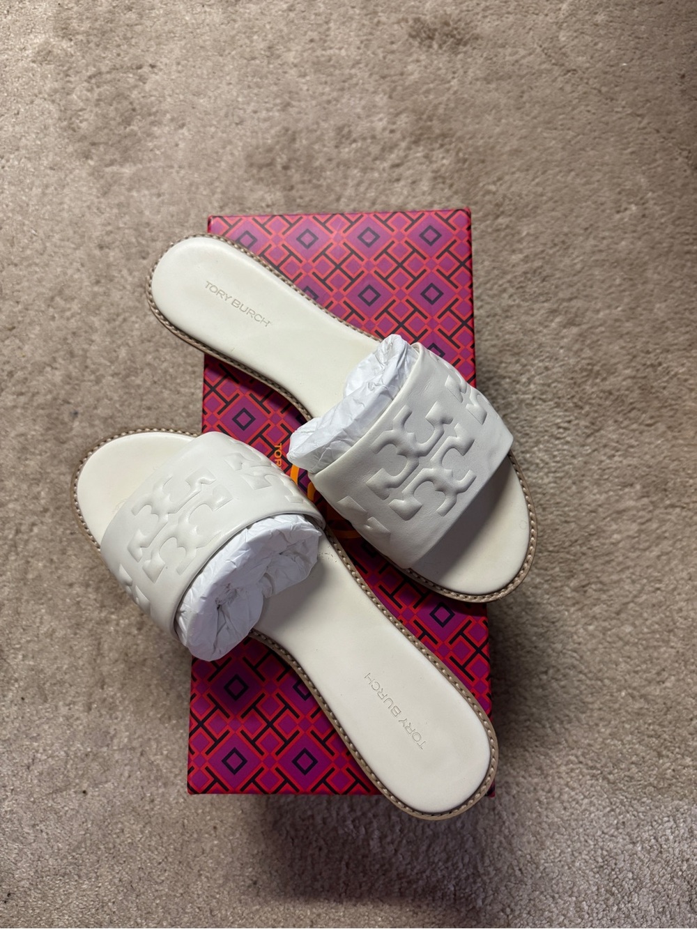 Tory Burch White Logo Slide Sandals